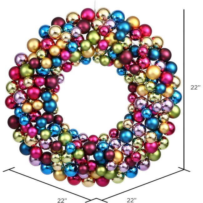 Vickerman Ball Wreath 22-Inch Multicolored - Multi-Colored Shiny and Matte Ball Wreath - 22 Inch Wire Wreath Frame - Holiday Wreath Colorful Wreath