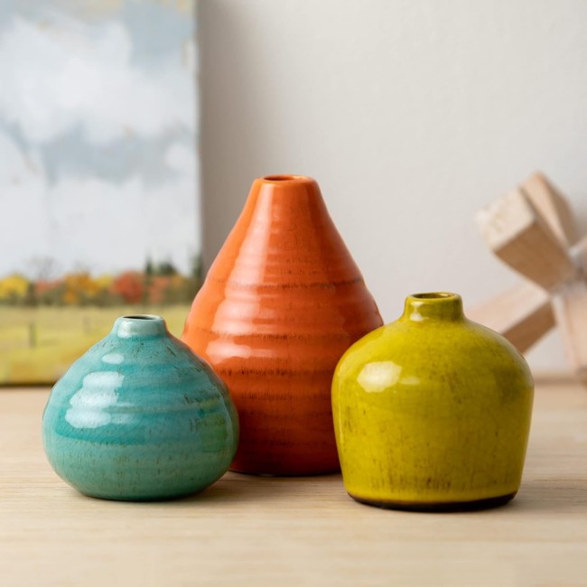  Ceramic Vase Set- 3 Small Vases, Rustic Home Décor, Modern Farmhouses; Ideal Shelf Décor, Table Décor, Bookshelf, Mantle, Multicolored (CM2219)