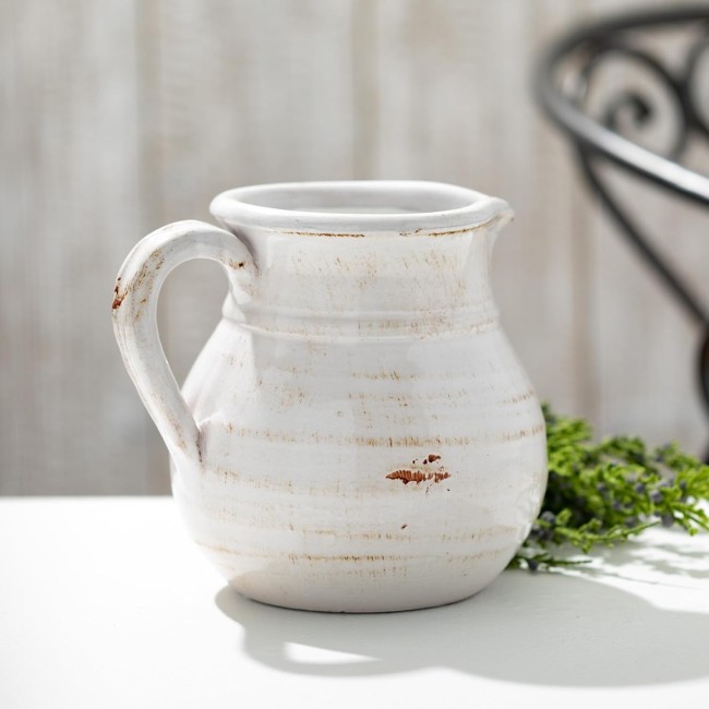  Modern Farmhouse Decorative Ceramic Pitcher, 9 x 7 x 8 inches, Distressed Farmhouse Décor, Off-White Crackled Finish, Faux Floral Vase, Mantel, Dining Table and Living Room Décor (CM2515)