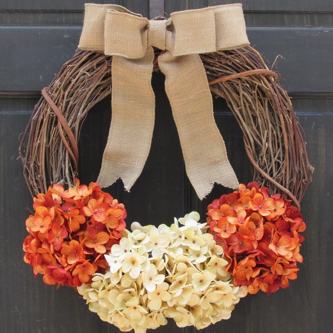 Rustic Summer Hydrangea Grapevine Wreath - Fall Front Door Decoration - Orange Rust and Cream