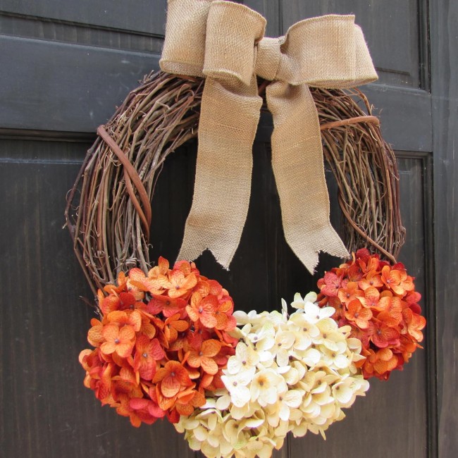 Rustic Summer Hydrangea Grapevine Wreath - Fall Front Door Decoration - Orange Rust and Cream