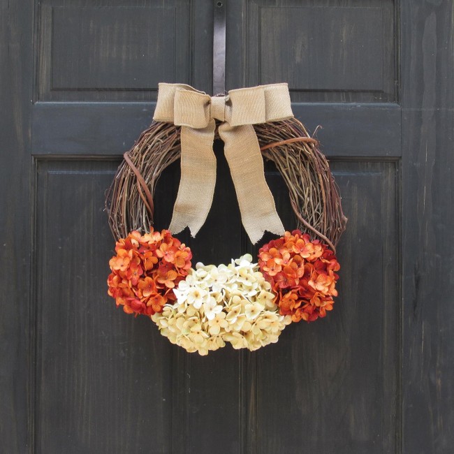 Rustic Summer Hydrangea Grapevine Wreath - Fall Front Door Decoration - Orange Rust and Cream