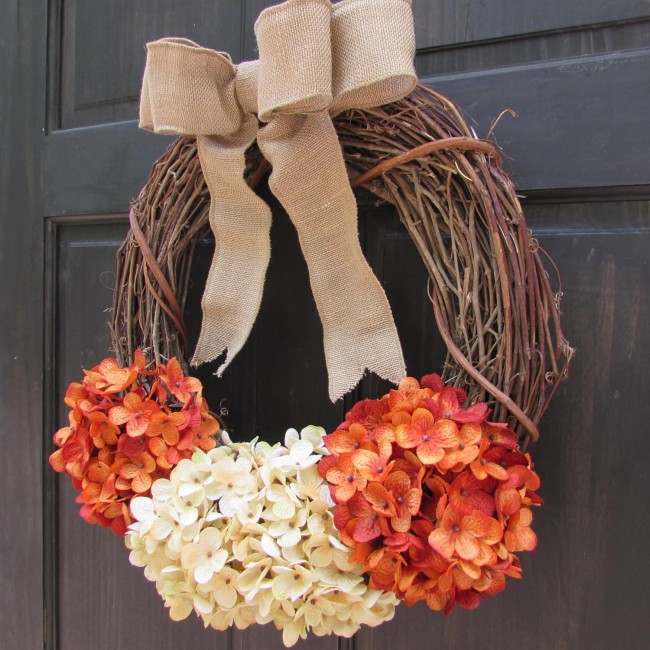 Rustic Summer Hydrangea Grapevine Wreath - Fall Front Door Decoration - Orange Rust and Cream