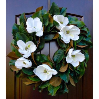 Southern Magnolia Wreath with Blooms and Leaves for Front Door Rustic Look-22-23" Diameter, Round