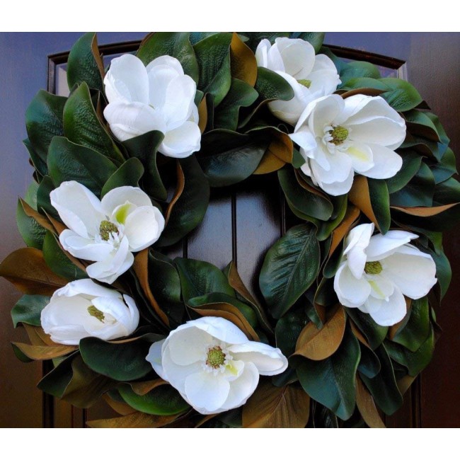 Southern Magnolia Wreath with Blooms and Leaves for Front Door Rustic Look-22-23" Diameter, Round