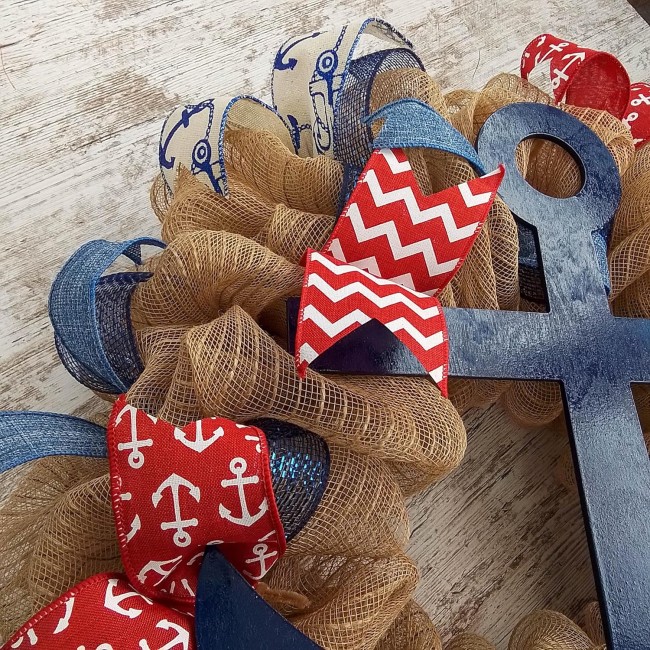 Anchor Wreath - Coastal Nautical Decor - Jute Burlap Front Door Wreath | Navy Blue Red White