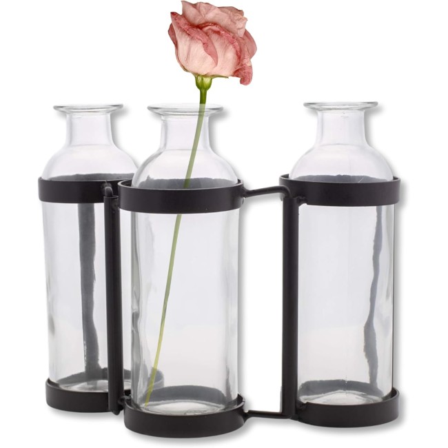  Set of 3 Plant Propagation Glass Flower Bud Vase and with Metal Stand Holder, 6.5” Tall Vases for Home, Table Decor, Kitchen, Bathroom, Bedroom, Shelf Decorations