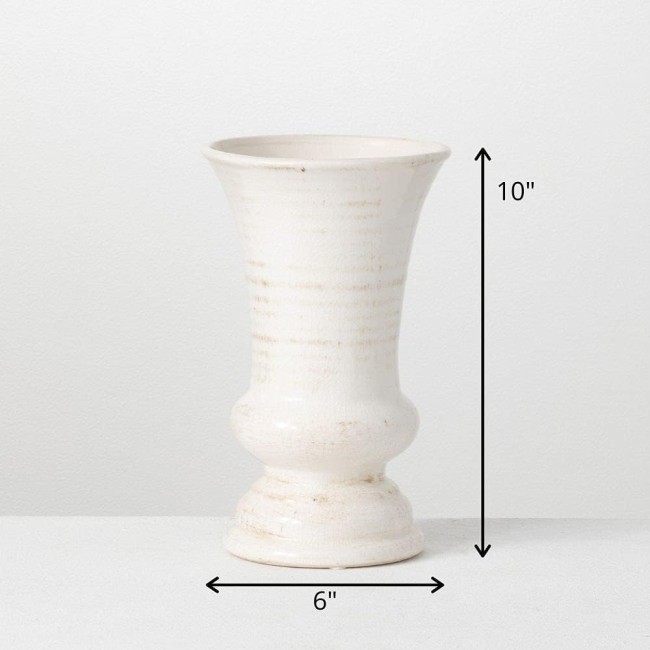  Modern Farmhouse Decorative Ceramic Vase, 6 x 6 x 10 inches, Distressed Decoration for Farmhouse Décor, Off-White Crackled Finish, Faux Floral Vase, Table Décor for Dining or Living Room