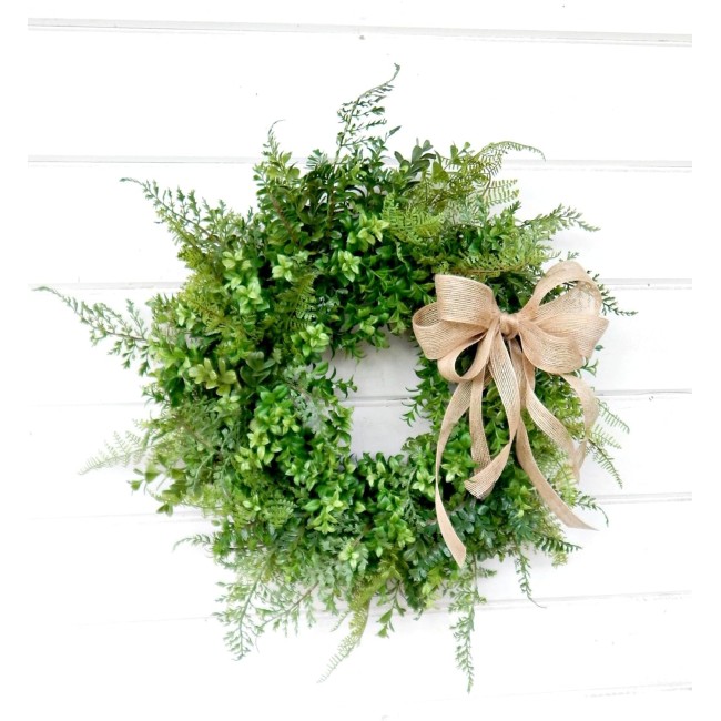 18" Artificial Boxwood Fern Wreath, Burlap Bow, Green Front Door Decor Wreath Home Decor, Indoor/Outdoor, Greenery Wreaths, Summer Decorations, Custom Made, Housewarming Gift