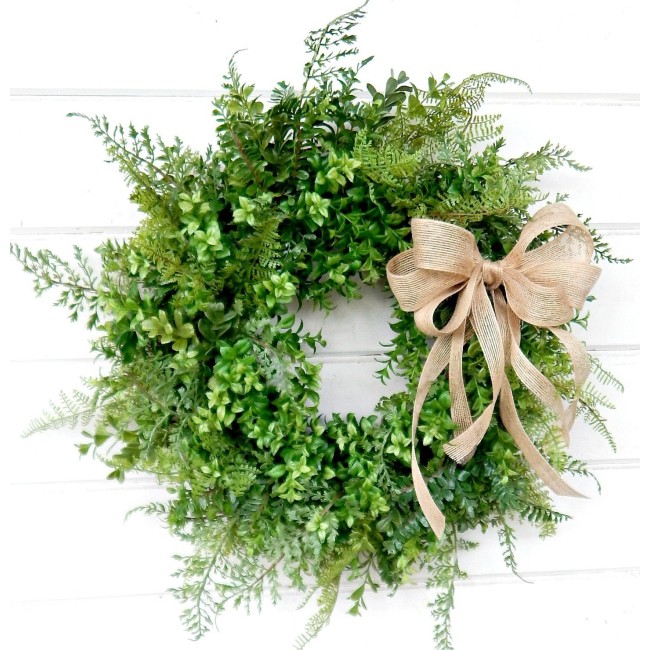 18" Artificial Boxwood Fern Wreath, Burlap Bow, Green Front Door Decor Wreath Home Decor, Indoor/Outdoor, Greenery Wreaths, Summer Decorations, Custom Made, Housewarming Gift