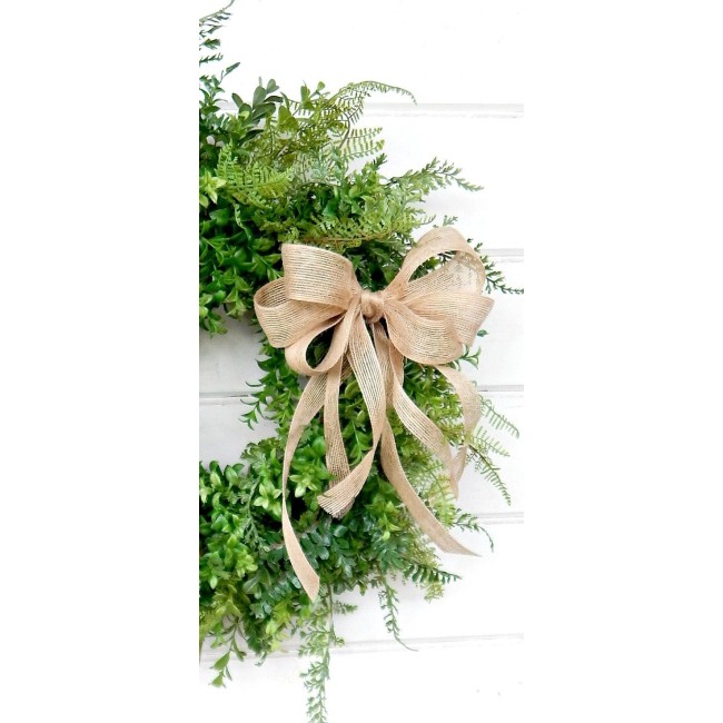 18" Artificial Boxwood Fern Wreath, Burlap Bow, Green Front Door Decor Wreath Home Decor, Indoor/Outdoor, Greenery Wreaths, Summer Decorations, Custom Made, Housewarming Gift