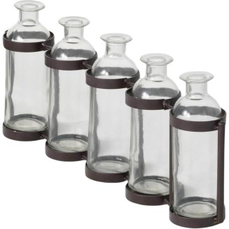  Glass Vase Set, 15.5 x 6.5 Inches, Hinged Metal Holder, Clear, Set of 5 (G6412)