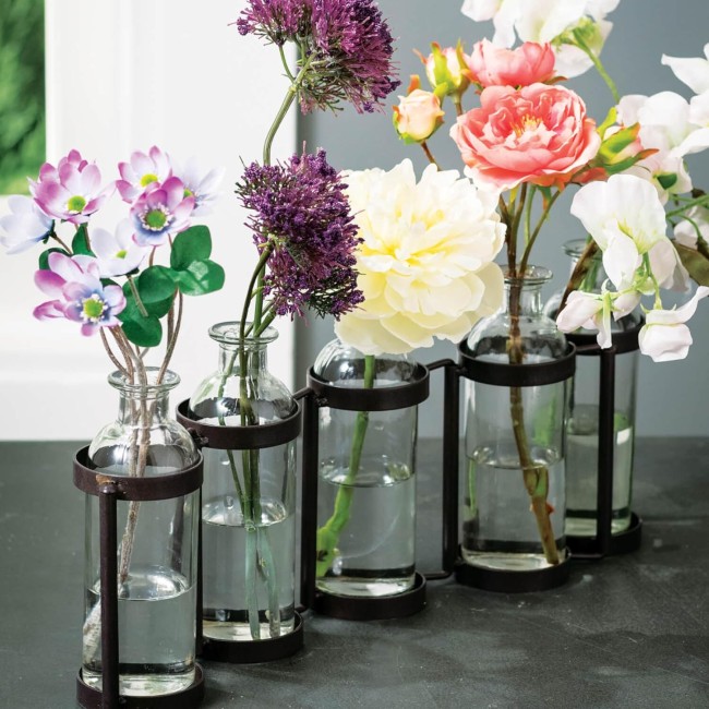  Glass Vase Set, 15.5 x 6.5 Inches, Hinged Metal Holder, Clear, Set of 5 (G6412)