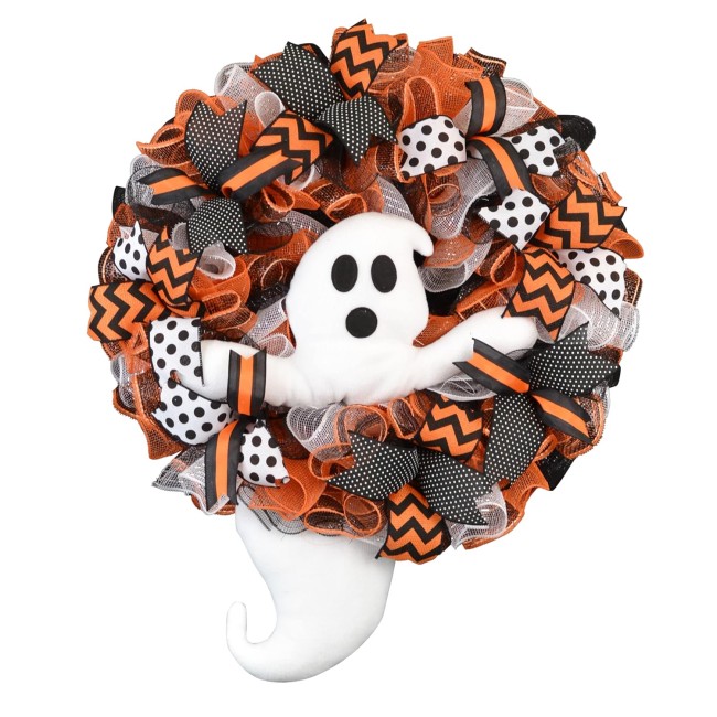 Ghost Wreath | Ghost Head and Tail Halloween Mesh Front Door Outside Wreath; Orange Black White