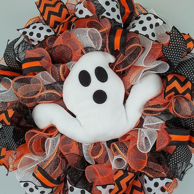 Ghost Wreath | Ghost Head and Tail Halloween Mesh Front Door Outside Wreath; Orange Black White