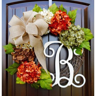 Hydrangea Front Door Wreath with Monogram Letter Option made of Orange, Green, Cream, and Brown Hydrangeas with Three Bow Options on Grapevine Base