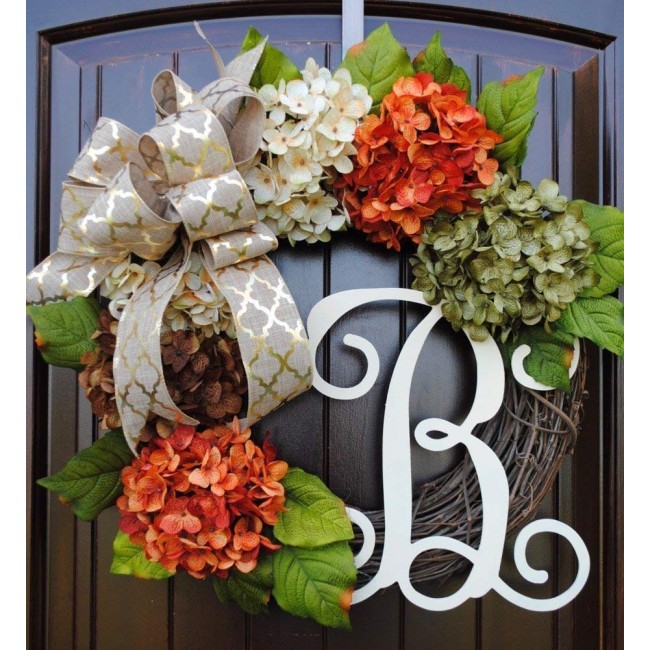 Hydrangea Front Door Wreath with Monogram Letter Option made of Orange, Green, Cream, and Brown Hydrangeas with Three Bow Options on Grapevine Base