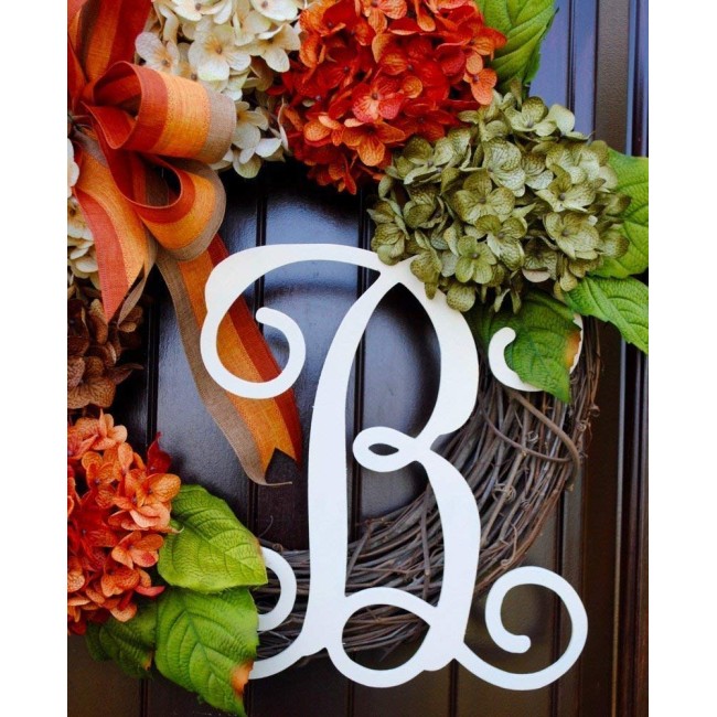 Hydrangea Front Door Wreath with Monogram Letter Option made of Orange, Green, Cream, and Brown Hydrangeas with Three Bow Options on Grapevine Base