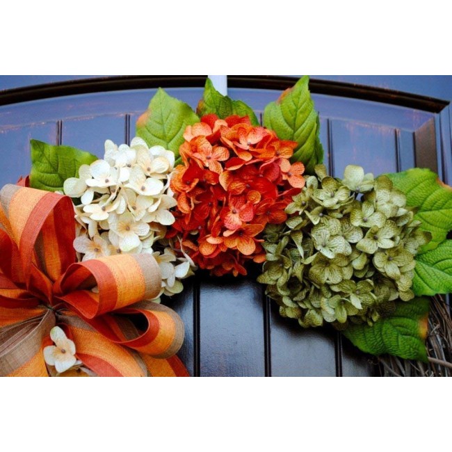 Hydrangea Front Door Wreath with Monogram Letter Option made of Orange, Green, Cream, and Brown Hydrangeas with Three Bow Options on Grapevine Base