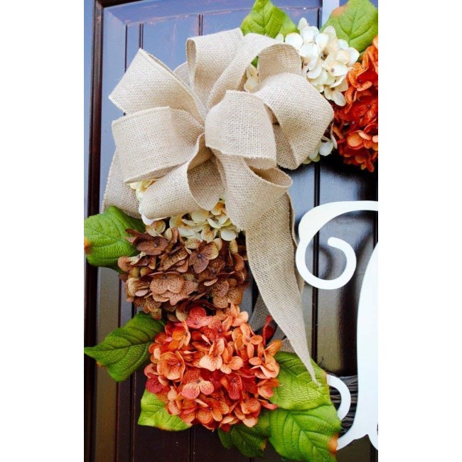 Hydrangea Front Door Wreath with Monogram Letter Option made of Orange, Green, Cream, and Brown Hydrangeas with Three Bow Options on Grapevine Base