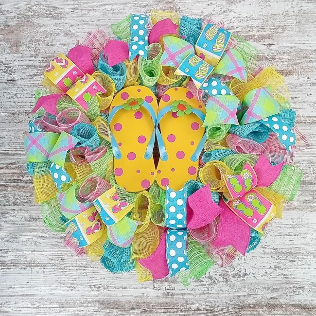 Yellow Summer Spring Flip Flop Welcome Deco Mesh Wreath | Turquoise Lime Green Pink