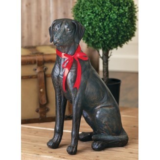  Dog Sculpture Statue Figurine, Sitting Black Labrador with Red Bow, 9"L x 14"W x 26"H, Black (N1960)