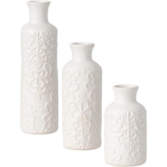  Small White Embossed Ceramic Vase Set of 3, Matte Finish, Vases for Decor, Modern Home, Centerpieces, Mantle, Tabletop, for Living Room, Bedroom, Kitchen, Entryway Decor