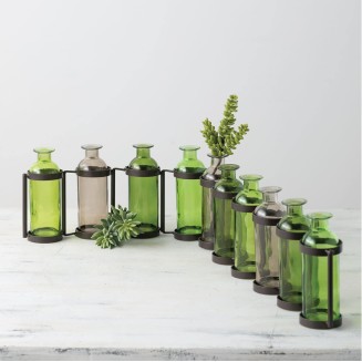  Tinted Glass Bottle Vase Set of 10 Connected with Metal Bottle Holder fits Ten Bottles, (G8252)