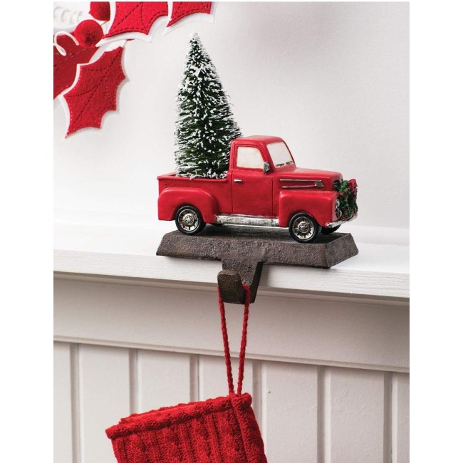  Little Red Truck Holding a Christmas Tree Stocking Holders for Mantel, Christmas Stocking Holder for Fireplace, Stocking Hooks for Fireplace Stocking Holders for Holiday Decoration