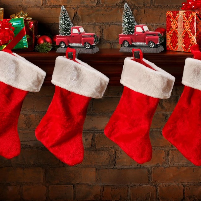  Little Red Truck Holding a Christmas Tree Stocking Holders for Mantel, Christmas Stocking Holder for Fireplace, Stocking Hooks for Fireplace Stocking Holders for Holiday Decoration