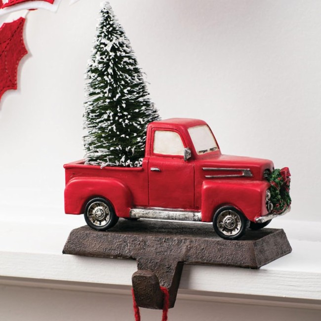  Little Red Truck Holding a Christmas Tree Stocking Holders for Mantel, Christmas Stocking Holder for Fireplace, Stocking Hooks for Fireplace Stocking Holders for Holiday Decoration