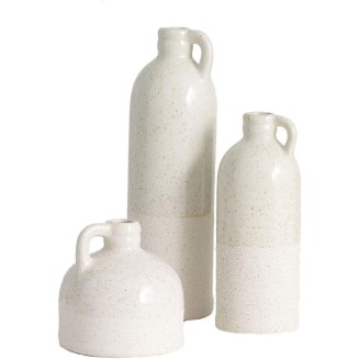  Modern Farmhouse Distressed Two-Toned White Small Ceramic Jug Set of Three (3), 4, 7.5, 10” Tall, Crackled Finish Faux Floral Jugs, Distressed Decoration