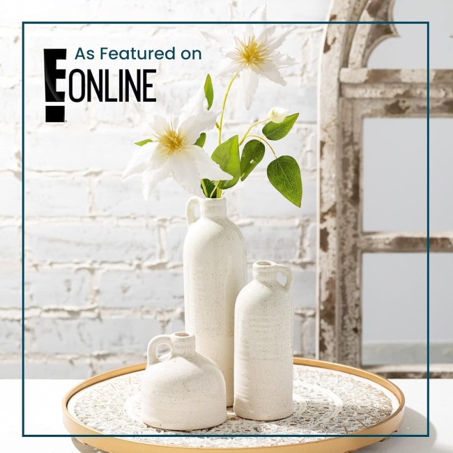  Modern Farmhouse Distressed Two-Toned White Small Ceramic Jug Set of Three (3), 4, 7.5, 10” Tall, Crackled Finish Faux Floral Jugs, Distressed Decoration