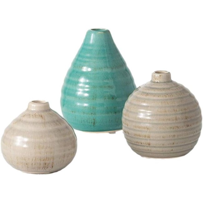  Small Modern Farmhouse Decorative Ceramic Vase Set (3), Rustic 5.75”H, 3.75”H & 3”H Tall Blue and Gray Vase Set, Decoration for Farmhouse Décor, Wedding Centerpiece, Housewarming Gift