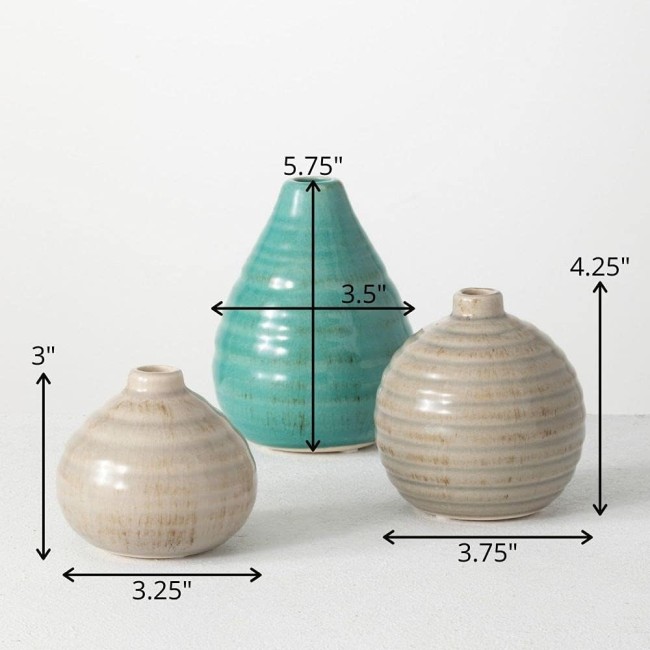  Small Modern Farmhouse Decorative Ceramic Vase Set (3), Rustic 5.75”H, 3.75”H & 3”H Tall Blue and Gray Vase Set, Decoration for Farmhouse Décor, Wedding Centerpiece, Housewarming Gift