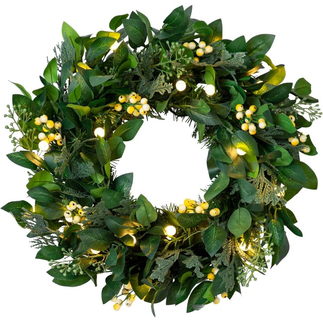 Balsam Hill | Luxury Artificial Wreath | Prelit | White Berry Cypress | 28in | Equipped with LED Clear Lights | Easy Storage