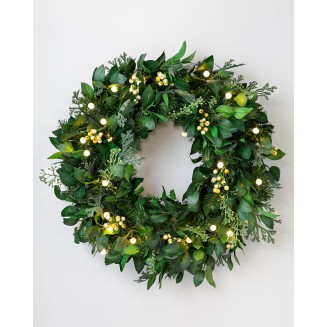 Balsam Hill | Luxury Artificial Wreath | Prelit | White Berry Cypress | 28in | Equipped with LED Clear Lights | Easy Storage