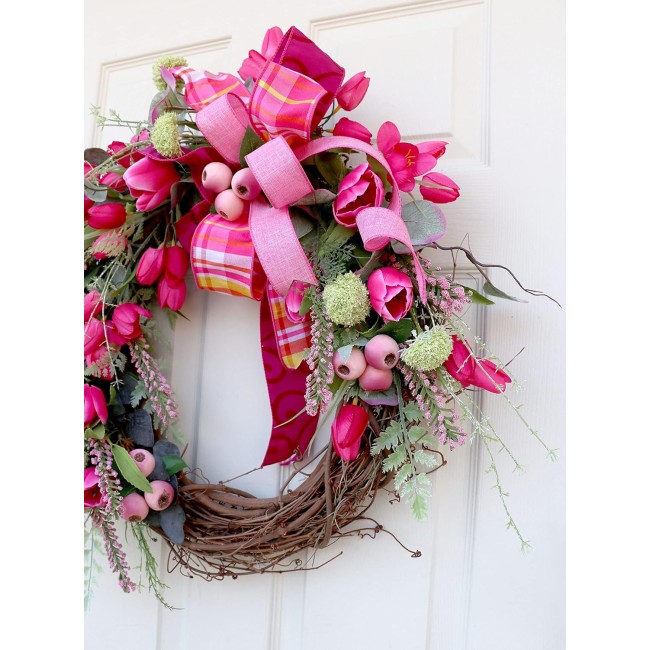 Easter Spring grapevine front door wreath, Pink Tulip wreath, extra large grapevine, Wedding decorations