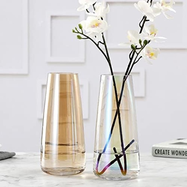 Aoderun Glass Vase for Flowers Modern Vases Home Decor Unique Flower Vase for Bouquet 8.7" Centerpiece Vase Decor Room,Living Room,Library,Office,Table,Entryway,Modern Farmhouse(Iridescent Clear)