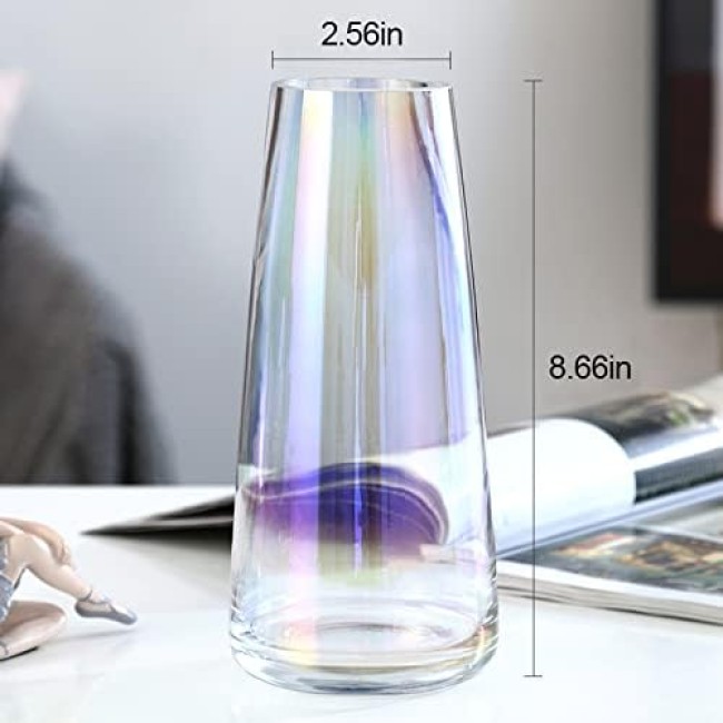 Aoderun Glass Vase for Flowers Modern Vases Home Decor Unique Flower Vase for Bouquet 8.7" Centerpiece Vase Decor Room,Living Room,Library,Office,Table,Entryway,Modern Farmhouse(Iridescent Clear)