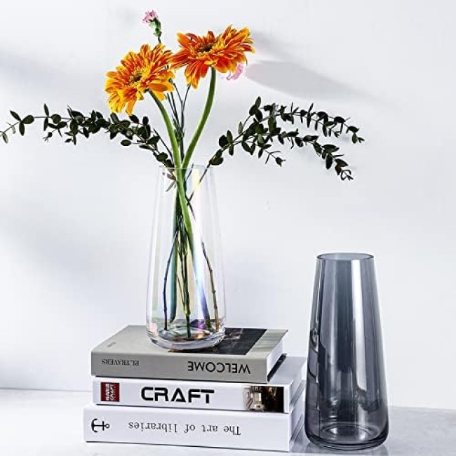 Aoderun Glass Vase for Flowers Modern Vases Home Decor Unique Flower Vase for Bouquet 8.7" Centerpiece Vase Decor Room,Living Room,Library,Office,Table,Entryway,Modern Farmhouse(Iridescent Clear)