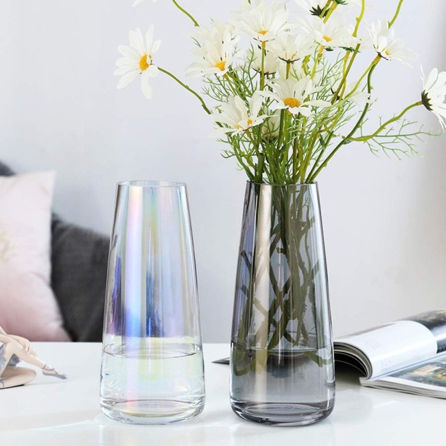 Aoderun Glass Vase for Flowers Modern Vases Home Decor Unique Flower Vase for Bouquet 8.7" Centerpiece Vase Decor Room,Living Room,Library,Office,Table,Entryway,Modern Farmhouse(Iridescent Clear)