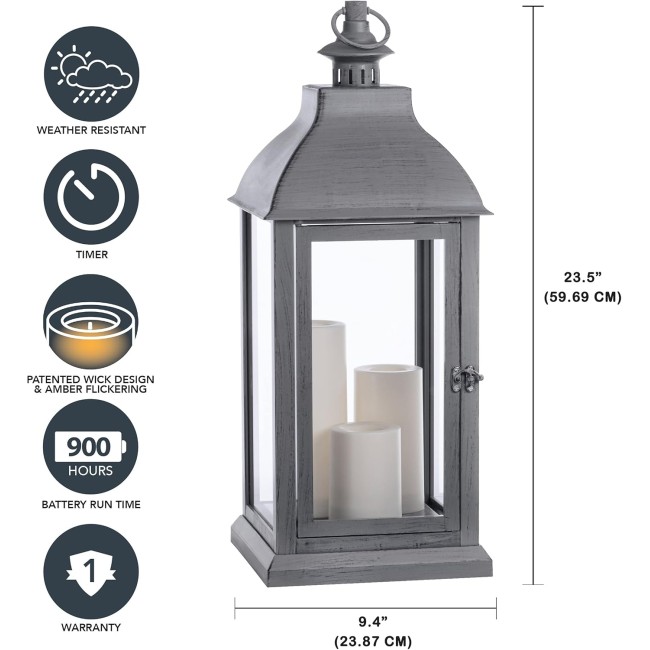 Sterno Home GL43858 Hanging Farmhouse LED Light Flameless Candle Lantern, 23.5 in, Grey