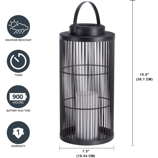 Sterno Home Hanging Rattan Basket Solar LED Light Flameless Candle Lantern, 15.0", Black