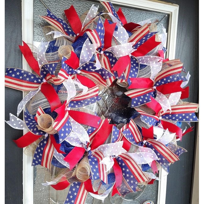 XL Patriotic 4th of July American Flag Deco Mesh Front Door Wreath Home Decor Summer Birthday Party Indoor Outdoor Decoration RWB Porch