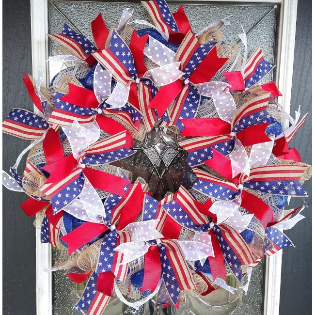 XL Patriotic 4th of July American Flag Deco Mesh Front Door Wreath Home Decor Summer Birthday Party Indoor Outdoor Decoration RWB Porch