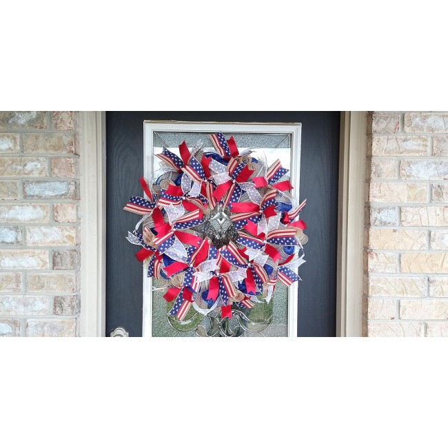 XL Patriotic 4th of July American Flag Deco Mesh Front Door Wreath Home Decor Summer Birthday Party Indoor Outdoor Decoration RWB Porch