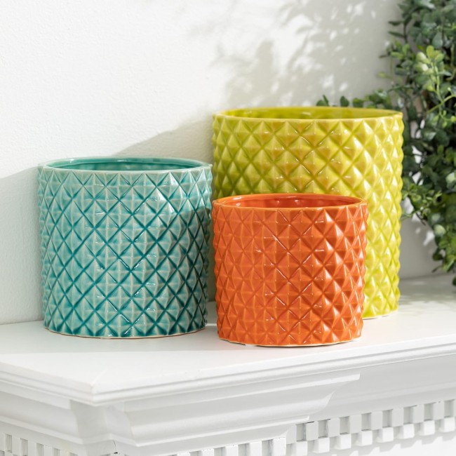  Ceramic Planter Set - 3 Small Planters, Contemporary Home Décor, Modern Farmhouse, Ideal Shelf Décor, Table Décor, Bookshelf, Mantle, Entryway – Yellow, Aqua & Orange (CM2976)