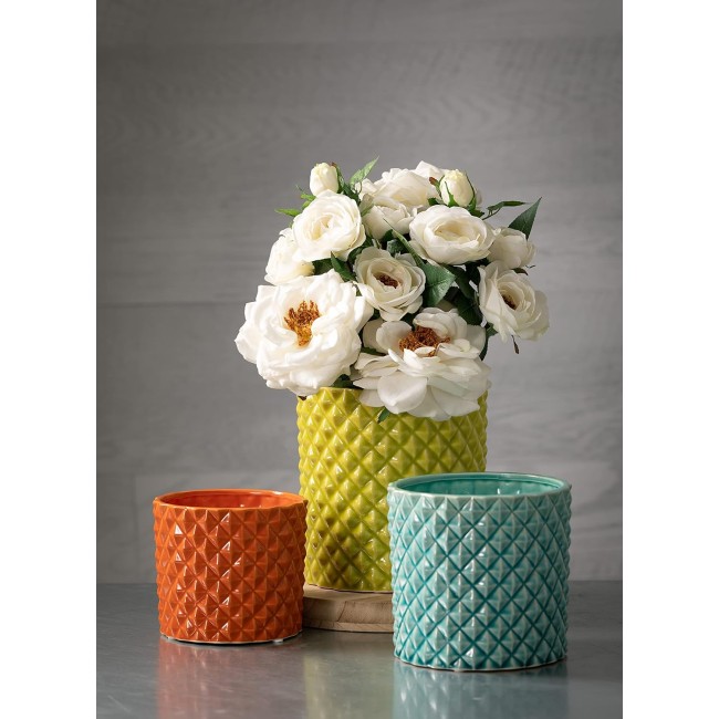  Ceramic Planter Set - 3 Small Planters, Contemporary Home Décor, Modern Farmhouse, Ideal Shelf Décor, Table Décor, Bookshelf, Mantle, Entryway – Yellow, Aqua & Orange (CM2976)