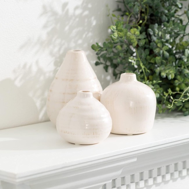  Ceramic Vase Set- 3 Small Vases, Rustic Home Décor, Modern Farmhouses; Ideal Shelf Décor, Table Décor, Bookshelf, Mantle, White (CM2973)